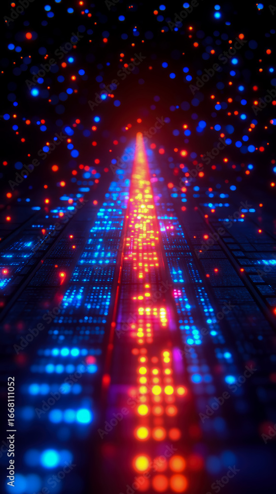 Poster dynamic futuristic data stream with luminous red and blue network circuits, creating abstract digita