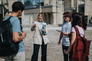 Professor interacts with a group of students outdoors, fostering learning through discussion and teamwork. The group is seen in an academic area as they engage in conversation about educational topics