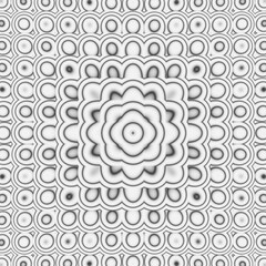 
A monochrome seamless pattern of concentric circles, forming a central floral shape. This elegant and intricate design is perfect for backgrounds, wallpapers, and textile prints.