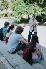 A professor leading an engaging discussion with a group of students seated outdoors on a sunny day....