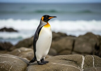 Naklejka premium Majestic King Penguin Standing Tall on Rocky Coastline, gazing towards ocean