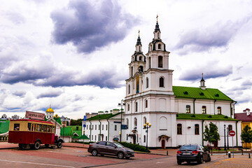 Holy Spirit Cathedral church and dark storm clouds in Minsk Belarus.