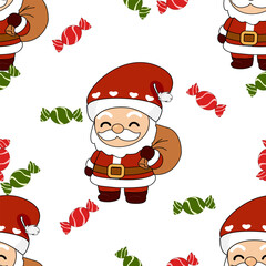Happy holiday cartoon illustration seamless vector pattern with Christmas elements, Santa, and candy.