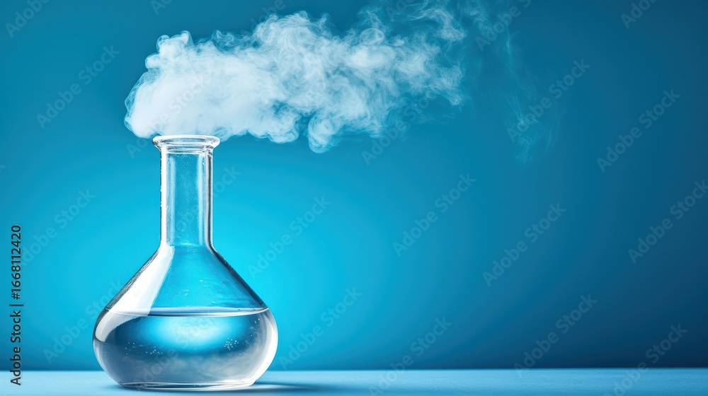 Poster clear laboratory flask with water and steam on a blue background showcasing science concepts