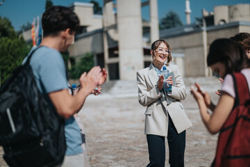 A casual outdoor meeting of happy students applauding their professor on a sunny day, highlighting a positive and encouraging environment.