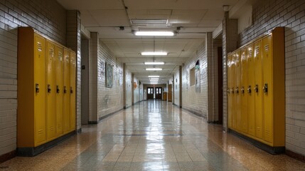 Bright empty school hallway with lockers and windows, academic education and learning environment