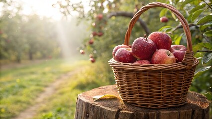 Woven basket brimming with shiny red apples on wooden stump, glistening with rainwater droplets. Sunlit rays filter through orchard apple tree, evoking autumn harvest abundance
