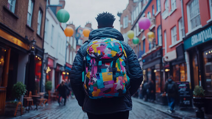 Fototapeta premium Traveler with striking, multi-colored abstract backpack walks down quaint cobblestone street, flanked by historic brick buildings, charming shopfronts, and decorative paper lanterns, evoking sense of 