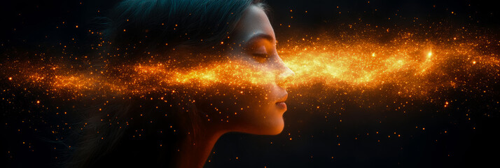 Profound Inner Light: Woman's Profile with Eyes Closed, Channeling Vibrant Stream of Golden, Star-like Particles, Representing Spiritual Awakening and Universal Energy