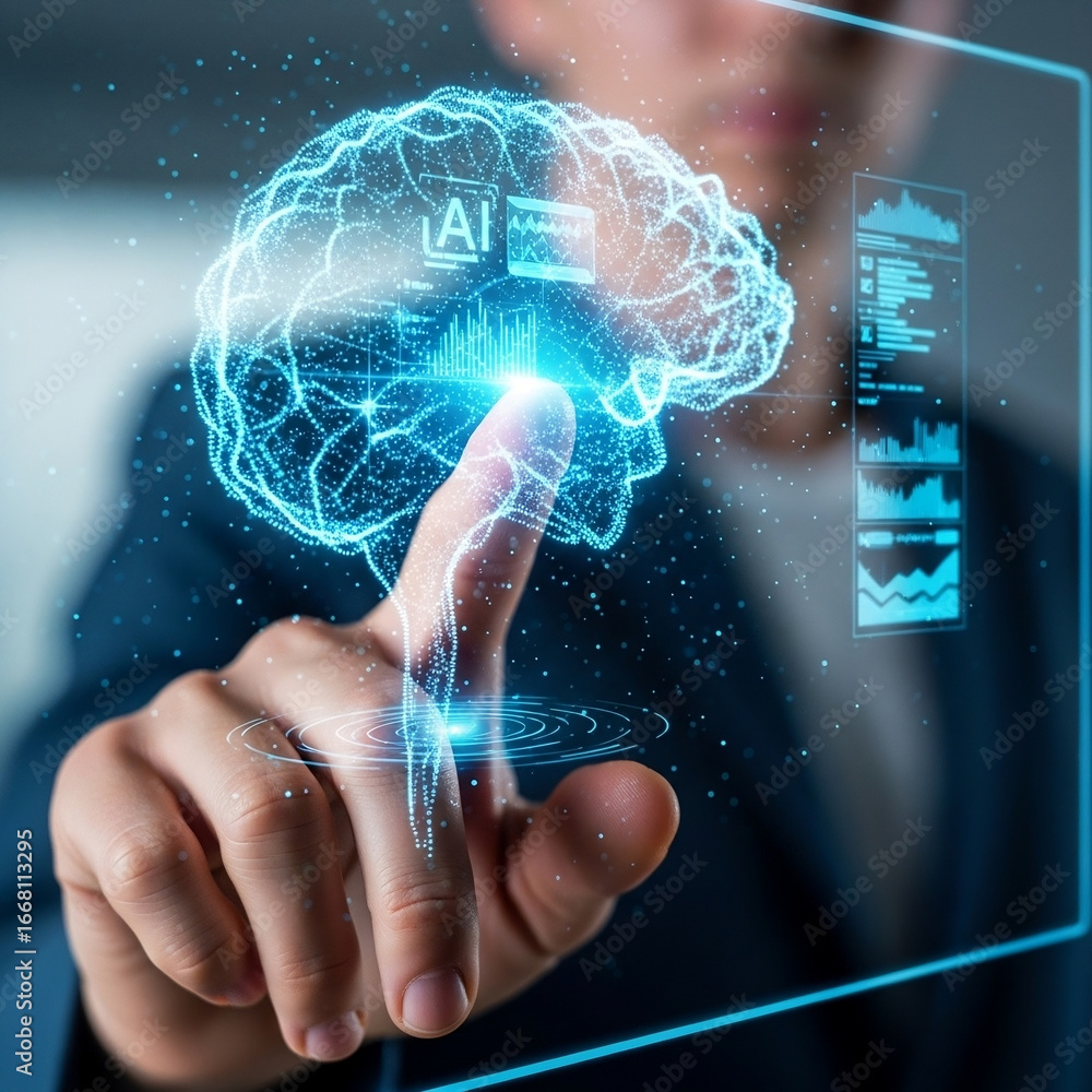 Fototapete man touching a digital brain interface with ai, representing artificial intelligence and technology.