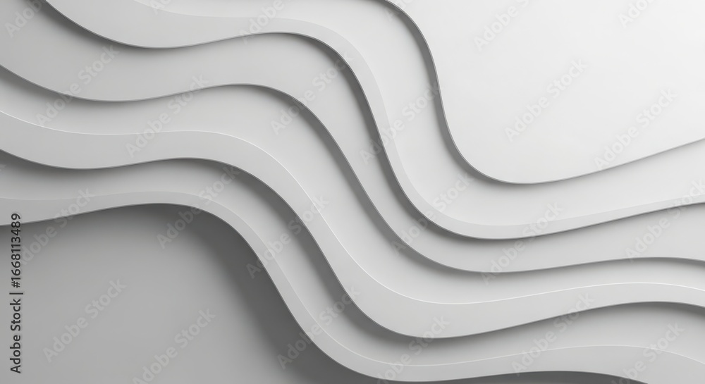 Poster 3d illustration of abstract wavy layers of white paper, creating depth and shadow, minimalist backgr