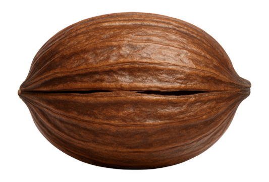 Mature hickory nut with hard, woody shell and ridged surface