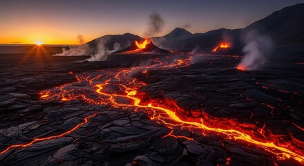 Spectacular display of volcanic eruption with flowing lava at sunset landscape