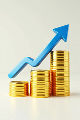 3D render of stacked gold coins arranged in ascending columns representing financial growth, savings, investment success, and wealth accumulation in a clean modern business and economic illustration.