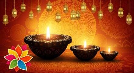 Diwali celebration with lit diyas and hanging lanterns, symbolizing light and prosperity, set against a warm, ornate background with a colorful floral motif