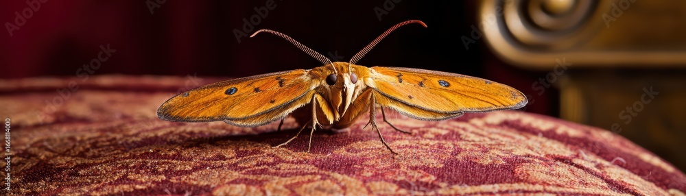 Poster vibrant orange moth resting on ornate fabric with rich textures and intricate patterns