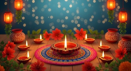Diwali celebration with diyas and lanterns, a vibrant display of light and color symbolizing prosperity and new beginnings
