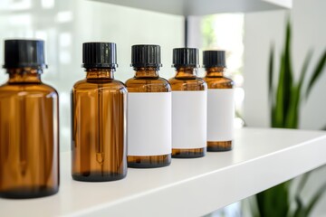 Brown glass bottles arranged neatly on a white shelf in a bright, modern interior setting