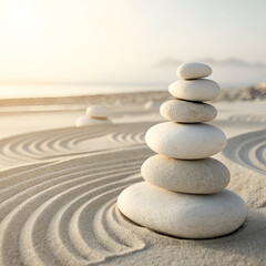 Stack of smooth white stones balanced in zen style on calm sandy surface with soft lighting.