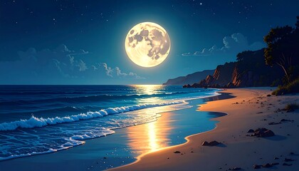 Night beach scene, full moon, ocean waves