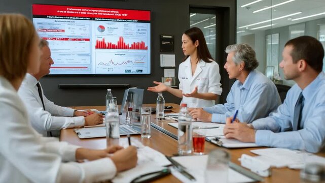 Business Meeting: A group of professional individuals engaged in a discussion during a meeting in a modern board room, sharing knowledge in a collaborative environment. 