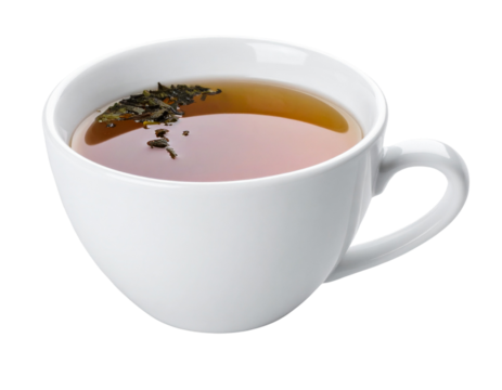 Angled Side View of White Tea Mug with Tea Leaves, Isolated on Transparent Background PNG