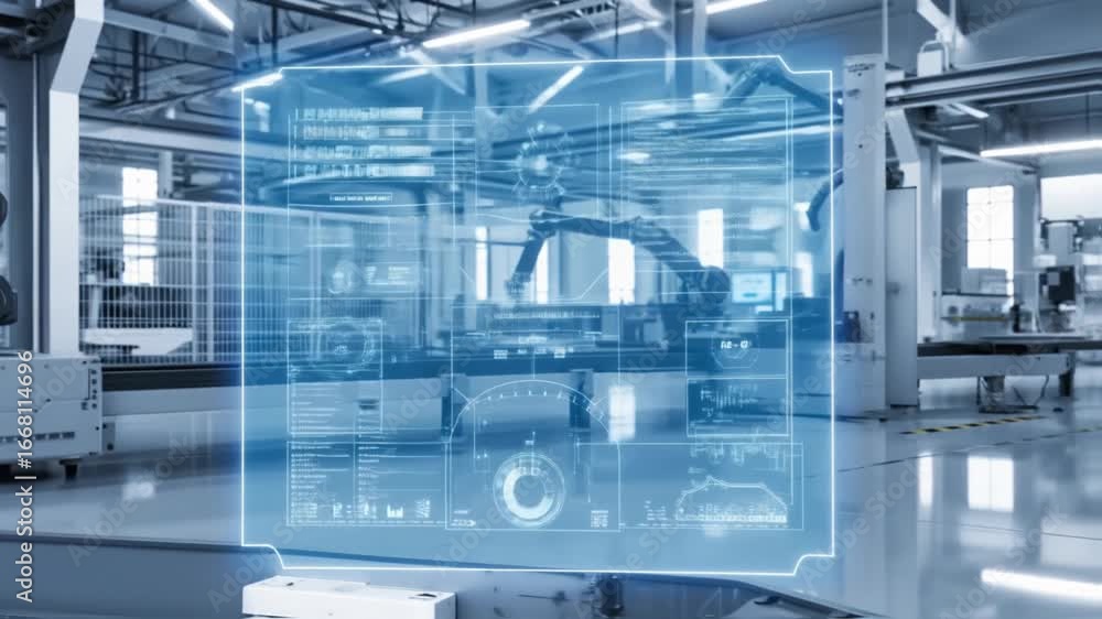 Poster in a hightech factory setting, a male engineer engages with various digital data and advanced system