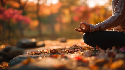 Close-up of a person meditating in a tranquil autumn forest. Woman practicing yoga and mindfulness in nature with golden fall leaves, promoting wellness, calm, and stress relief