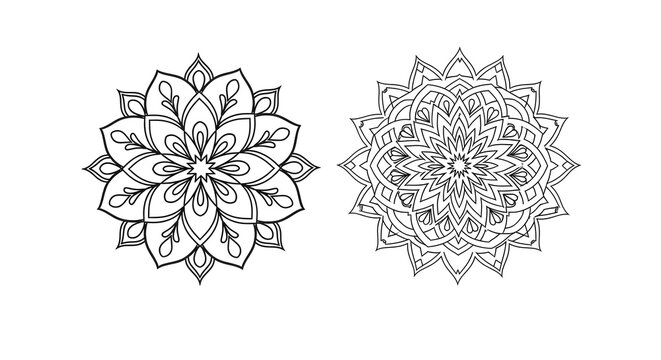 Two intricate mandalas, one simple and one complex, isolated on white background