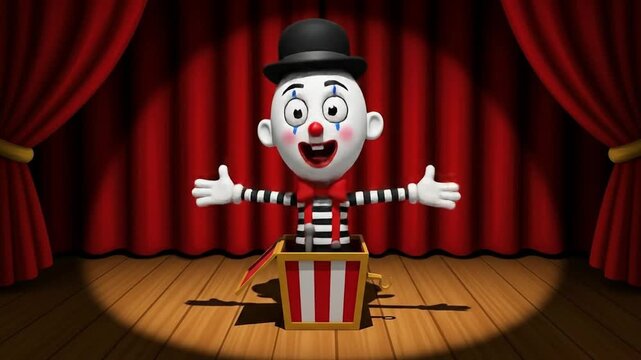 Happy mime clown pops out of jack in box on stage