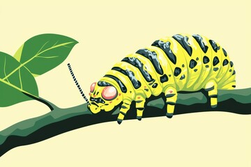 Naklejka premium Bright Yellow Caterpillar Crawling on Leafy Branch in Vibrant Nature Illustration