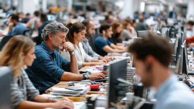 Busy Corporate Workspace: A bustling corporate workspace is captured in a dynamic photograph, featuring diverse professionals immersed in their work at their respective desks.