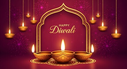 Happy diwali greeting with traditional oil lamps diyas illuminated and hanging lanterns against a festive purple background with bokeh lights, celebrating the festival of lights