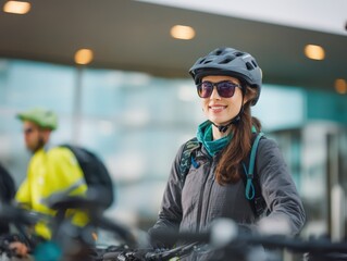 A smiling woman in a helmet and sunglasses stands with her bicycle in front of a modern building, ready for her commute. This represents an active and sustainable urban lifestyle