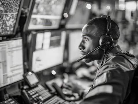 Black and white portrait of a focused African American emergency dispatcher in a high-tech control room. He monitors multiple screens, coordinating a response for public safety.