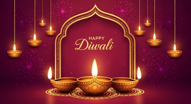 Happy diwali greeting with traditional oil lamps diyas illuminated and hanging lanterns against a festive purple background with bokeh lights, celebrating the festival of lights