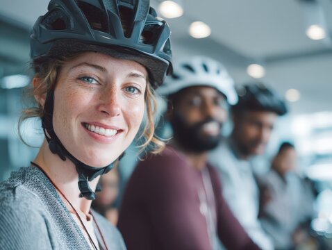 Portrait of a smiling woman in a bike helmet, with a diverse group of friends or colleagues in the background. This represents a healthy lifestyle, community, and inclusive team activity