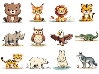 Obraz premium Cute cartoon wild animals with adorable expressions on a bright and cheerful isolated background