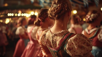 Obraz premium Women in traditional dirndl dresses with braided hair at a German folk festival. The view from behind highlights the authentic costumes and festive atmosphere of a cultural celebration like Oktoberfes