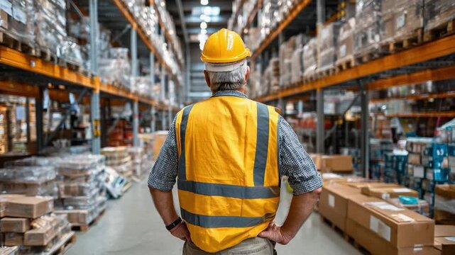 Warehouse Inspector: An inspector, clad in a high-visibility vest and hard hat, surveys the expansive warehouse, with rows of shelves stacked with inventory.