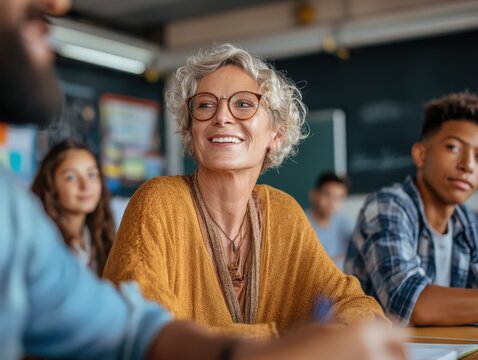 A smiling mature woman with glasses participates in a diverse classroom setting. This image represents lifelong learning, adult education, and engagement in a university or workshop environment