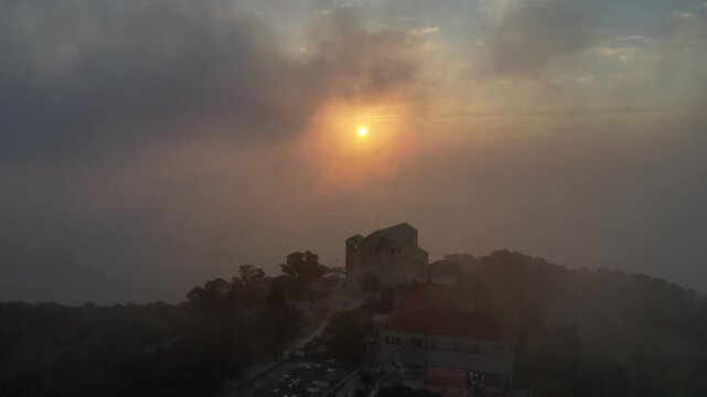 The Church of the Transfiguration, located on the summit of Mount Tabor in Israel, from a drone view