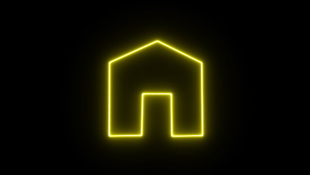 A bright yellow neon outline of a house shape with a doorway against a stark black background symbolizing home shelter and modern design