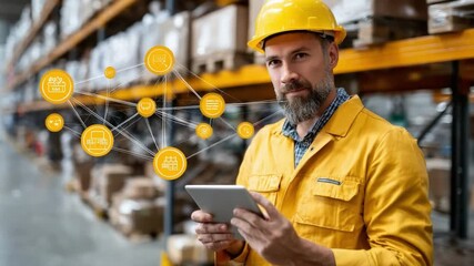 Warehouse Operations: A focused worker, equipped with a tablet, oversees the interconnected network of digital currency, managing logistics and ensuring smooth supply chain operations. - Powered by Adobe