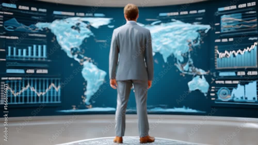 Poster global visionary: a focused figure in a tailored suit stands before a dynamic display of global data
