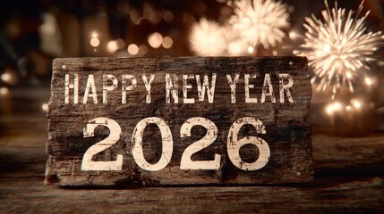 Rustic Wooden Sign Happy New Year 2026 with Fireworks Background for Holiday Celebration