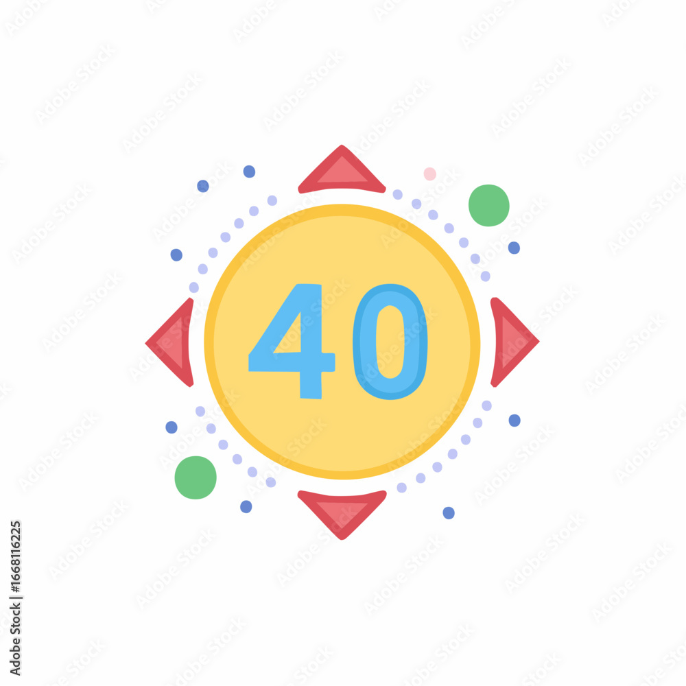 Poster number forty design on yellow circle with triangles and polka dots decorative elements icon