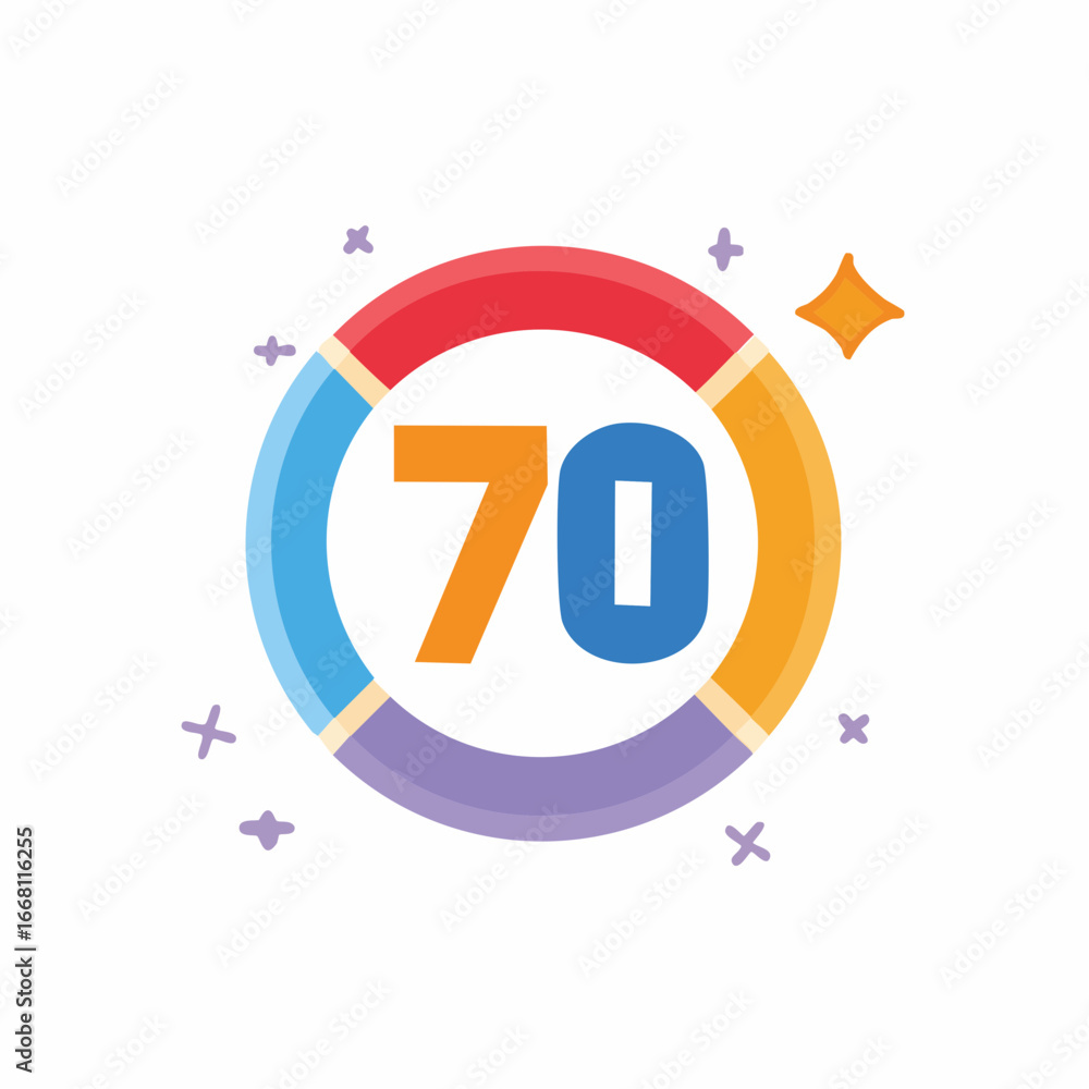 Poster number 70 in a vibrant segmented circle with flat design and decorative sparkles
