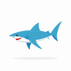 Fototapeta premium Friendly cartoon shark with sharp teeth and blue fins swimming isolated on white