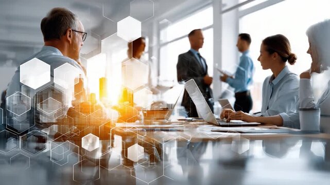 Corporate Confluence: An engaging team of business professionals huddled around a table. natural light casts a sense of dynamism and collaborative decision-making.